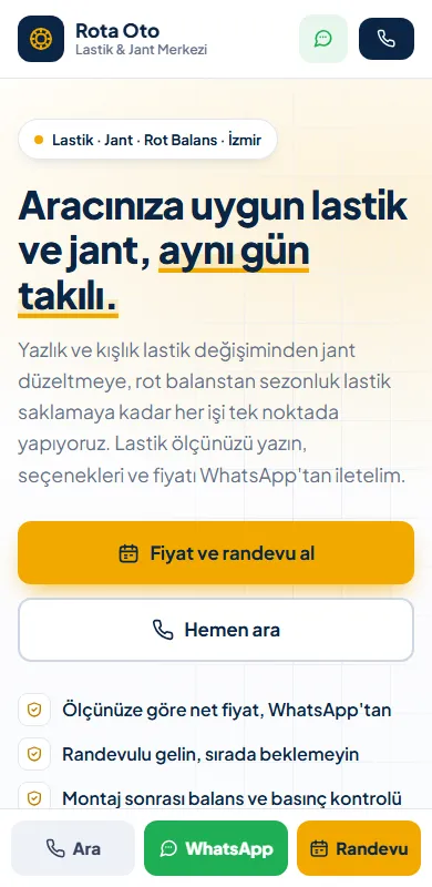 Lastikçi ve jant sitesi telefon görünümü