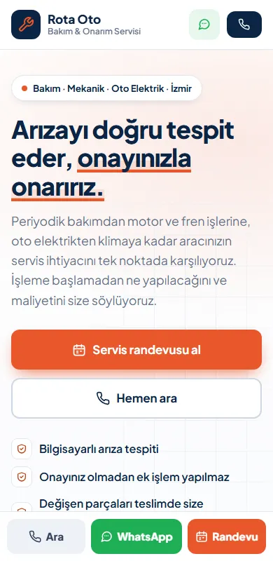 Oto servis ve tamir sitesi telefon görünümü